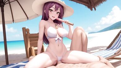Sailor uniform bikini girl’s sloppy titfuck cumshot creampie on beach