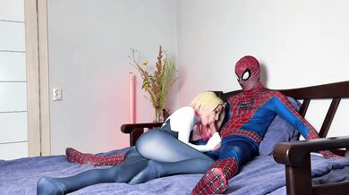 Gwen Stacy rides Spider-Man's monster cock cowgirl style then gets facialed