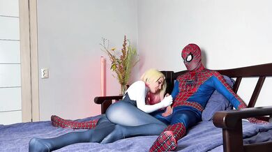 Gwen Stacy rides Spider-Man's monster cock cowgirl style then gets facialed