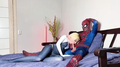 Gwen Stacy rides Spider-Man's monster cock cowgirl style then gets facialed