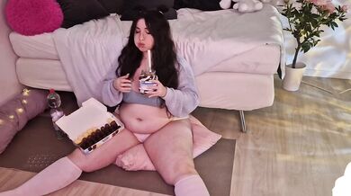 Big fat BBW feeder stuffed her gushing belly raw solo