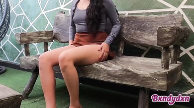 Brown miniskirt solo tease ends with messy banana orgasm