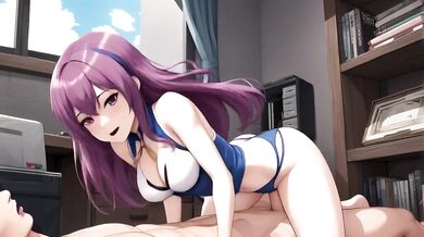 Schoolgirl deepthroat titfuck creampie uniform purple hair huge tits