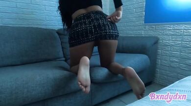 Latina's skirted fingers slipping deep under miniskirt alone