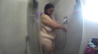 BBW horny stepmom sloshes big soapy tits in steaming shower