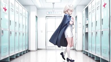Blonde nurse stripped bare glistening thighs panting in the hallway white coat still clinging
