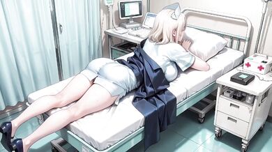 Blonde nurse stripped bare glistening thighs panting in the hallway white coat still clinging