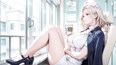 Blonde nurse stripped bare glistening thighs panting in the hallway white coat still clinging