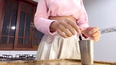 Cum drenched panties nympho stepsis gushes on kitchen balcony