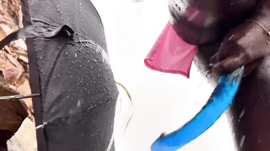Outdoor summer squirt in the woods with ebony pussy rain drenched