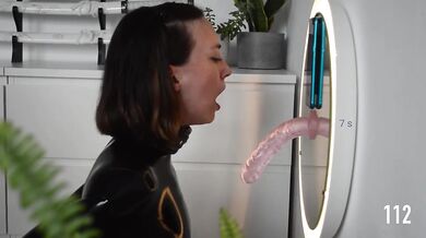 AnaKatana DEEPTHROAT TRAINING session in LATEX catsuit BONDAGE!