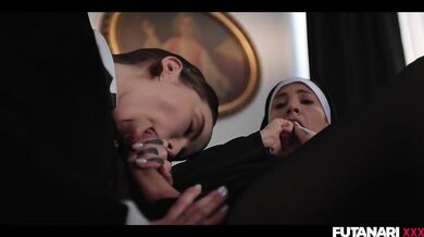 Milf vs Inked Girl Shemale Cums all over