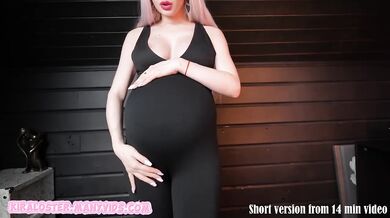 Pregnant blonde in tight sport leggings chokes on her huge belly