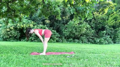 Hairy girl yoga in nature raw stretches tight twats