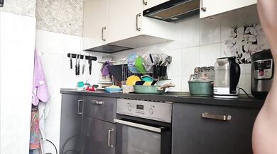 Naked petite chef flashes pierced tits ass in kitchen solo show