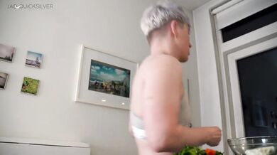 Tiny POV of your gym buddy crushing you while cooking and eating
