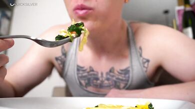Tiny POV of your gym buddy crushing you while cooking and eating