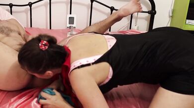 French amateur in satin lingerie gets balls licked while heels stockings ride her ass raw