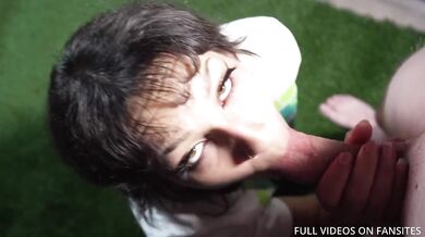 Blonde gets her ass painted like a soccer ball deep throat creampie POV