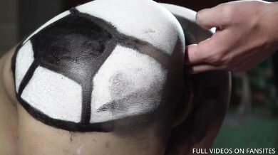Blonde gets her ass painted like a soccer ball deep throat creampie POV