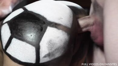 Blonde gets her ass painted like a soccer ball deep throat creampie POV