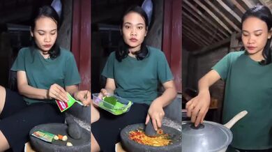 Traditional Asian BBW cooks solo with her big dick throbbing