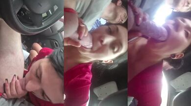 Brunette gets destroyed deepthroating in public blowjob while driving