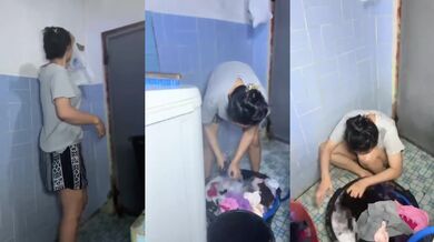 College girl doing laundry again with mbokde getting public sex