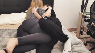 Blonde stepsis dry humps her big ass until she can't resist rough doggystyle