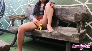 Backyard banana pleasure alone girl strips mini skirt hot body