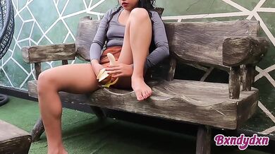Backyard banana pleasure alone girl strips mini skirt hot body
