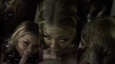 Dirty blonde ebony sucks big white cock deep under her chin