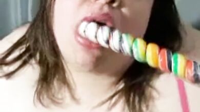 BBW milf's juicy pussy stuffed with sweet treats while she masterbates