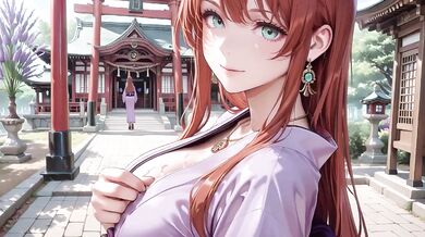 Red-haired kimono goddess kneeling under torii gate teased in soaked backless outfit