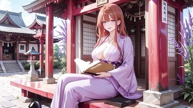 Red-haired kimono goddess kneeling under torii gate teased in soaked backless outfit