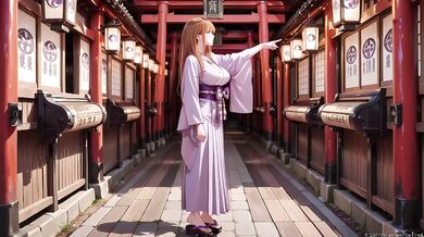 Red-haired kimono goddess kneeling under torii gate teased in soaked backless outfit