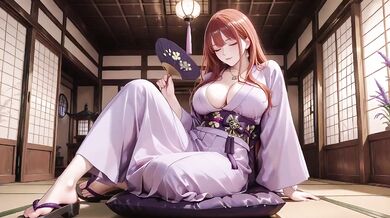 Red-haired kimono goddess kneeling under torii gate teased in soaked backless outfit