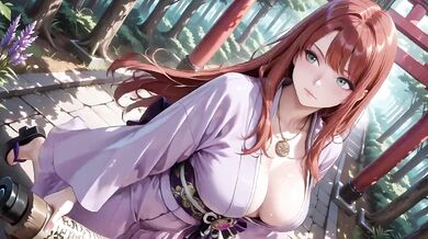 Red-haired kimono goddess kneeling under torii gate teased in soaked backless outfit
