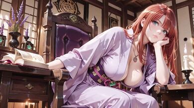 Red-haired kimono goddess kneeling under torii gate teased in soaked backless outfit