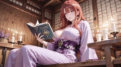 Red-haired kimono goddess kneeling under torii gate teased in soaked backless outfit