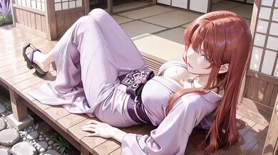 Red-haired kimono goddess kneeling under torii gate teased in soaked backless outfit