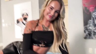 Blonde British slut Ali-Rose gobbles cock in hot leather POV
