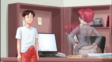Hot adventure with perverted red haired secretary milf fucked raw in summer office