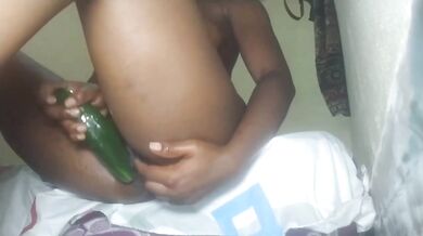 Black Ebony Girl Stuffs Giant Cucumber Deep Inside Her Wet Pussy Till Cum Explodes