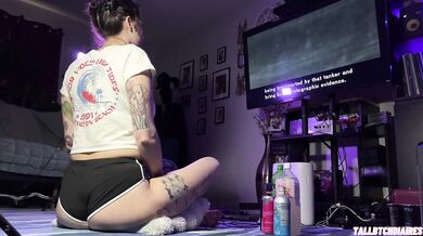 Big Ass Tomboy in Dolphin Shorts demolishes Metal Gear Solid 2 with Thick Thighs splayed