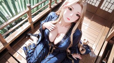 Blonde goddess in silk kimono teases with lazy glances and fingertips grazing her chest