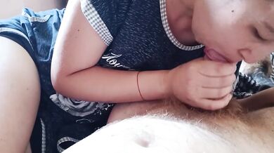 Morning hand job stepson dick and cock sucking stepmom cum in mouth POV