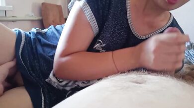 Morning hand job stepson dick and cock sucking stepmom cum in mouth POV