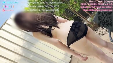 Japanese couple teases on terrace drenched in public cum public creampie exposed