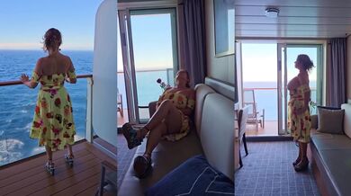 Voyeur Mommy stripping on her cabin cruise then flashing HUGE TITS on balcony